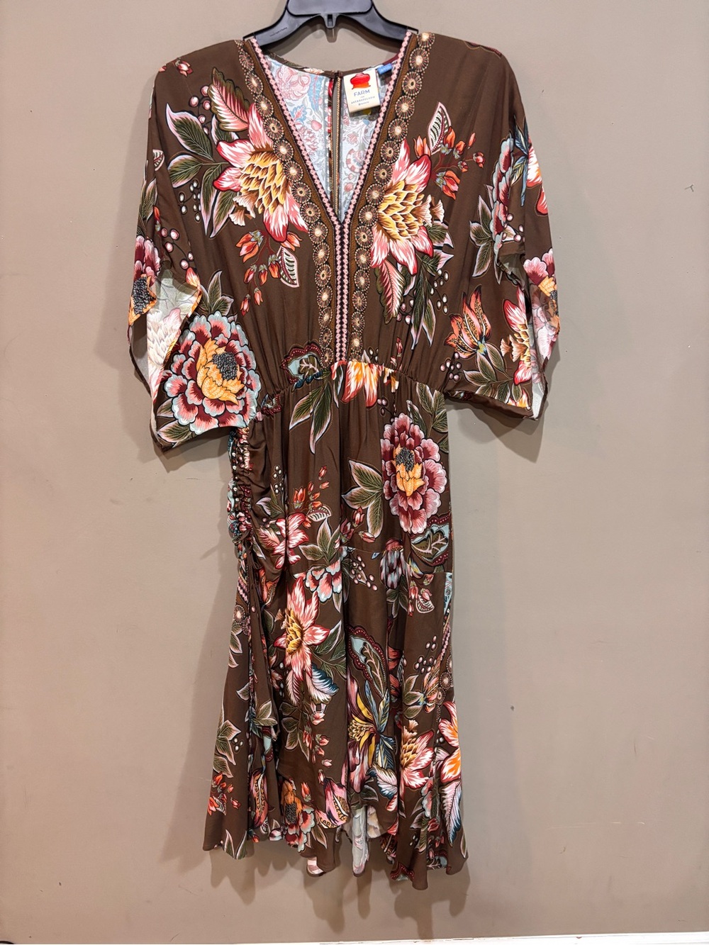 Farm Rio x Anthropologie Valentina Ruched Floral Midi Dress Brown Size PM Petite - Picture 2 of 10
